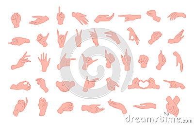 Collection of different hand gestures, signs shown with palm and fingers isolated on white background. Non-verbal or Vector Illustration