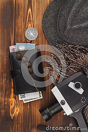 Collection from different home things on the wooden background Stock Photo