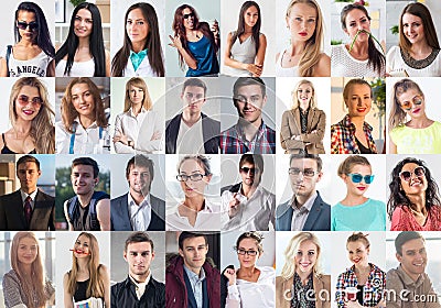 Collection of different many happy smiling young people faces caucasian women and men. Concept business, avatar. Stock Photo