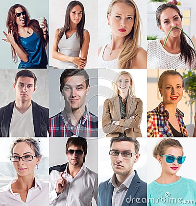 Collection of different many happy smiling young people faces caucasian women and men. Concept business, avatar. Stock Photo