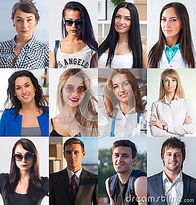 Collection of different many happy smiling young people faces caucasian women and men. Concept business, avatar. Stock Photo