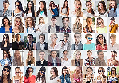 Collection of different many happy smiling young people faces caucasian women and men. Concept business, avatar. Stock Photo