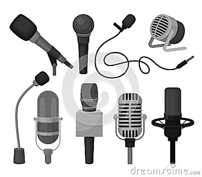 Flat vector set of different microphones. Professional sound recording equipment. Dynamic and condenser mics Vector Illustration