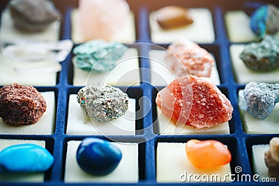 Collection of different minerals. Geology. Selective focus. Stock Photo