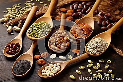 collection of different nuts and seeds on wooden spoons Stock Photo