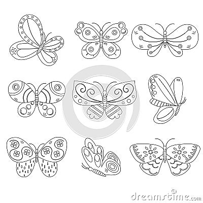 Collection of different outline of butterflies in pastel colors Vector Illustration