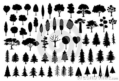 Collection of different park, forest, conifer cartoon trees silhouettes in black color Vector Illustration