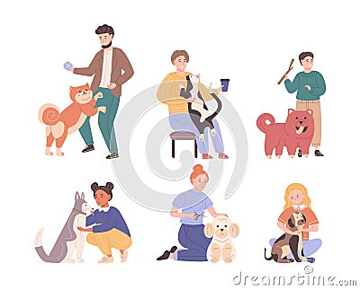 Collection of different people pet owners spending time with domestic animals cartoon vector Vector Illustration