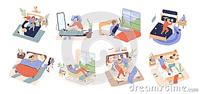 Collection of different people relax in cozy bedroom. Women, men and children lying, playing, sleeping, cuddling Vector Illustration