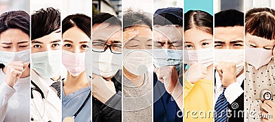 Collection of different people suffer from cough with face mask protection Stock Photo