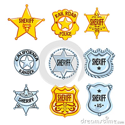 Collection of different sheriff, railroad police and rangers badges. Cop s golden and silver tokens. Cartoon emblems in Vector Illustration