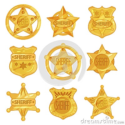 Collection of different sheriff s golden badges in modern flat design. Police emblems in star and circle shapes. Vector Illustration