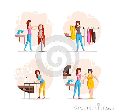 Collection of different stages woman fashion clothing designer work. Dressmaker working with mannequin and customer, trying dress Vector Illustration