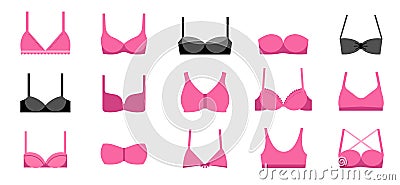Collection of different types of bras illustrations, icons Vector Illustration