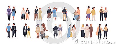 Collection of different types of romantic relationships and marriage - polygyny, interracial, lgbt and elderly couples Vector Illustration