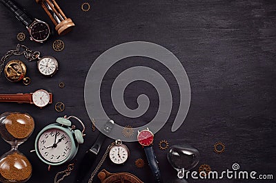 Collection of different watches and clocks Stock Photo