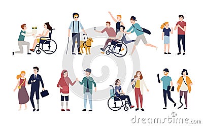 Collection of disabled people with their romantic partners and friends. Set of men and women with physical disorder or Vector Illustration