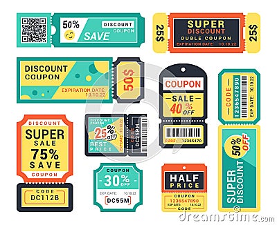 Collection discount coupon for promotion sale business advertising place for text and barcode vector Vector Illustration