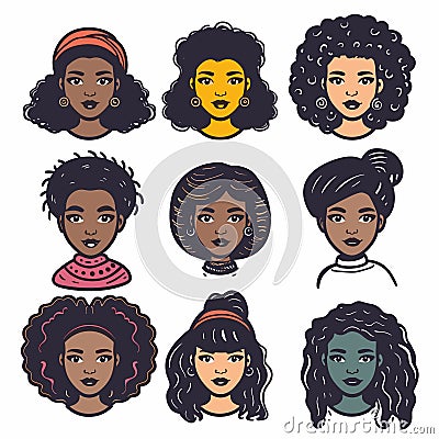 Collection diverse African female faces hairstyles. Young black women cartoon avatars expressive Stock Photo