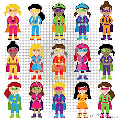 Collection of Diverse Group of Superhero Girls Vector Illustration