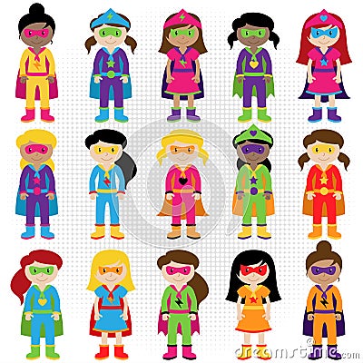 Collection of Diverse Group of Superhero Girls Vector Illustration