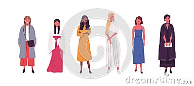 Collection of diverse multicultural woman in trendy clothes, dress. Fashion multiracial girls in different casual outfit Vector Illustration