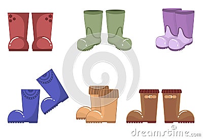 collection of diverse pairs of rubber boots to protect feet from water, moisture, inclement weather and to work outdoors in mud Vector Illustration