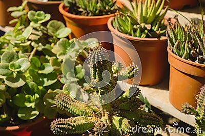 Collection of diverse plants in terracotta flowerpots, Euphorbia mammillaris with other plants. Stock Photo