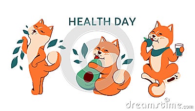 The collection of dogs akita for a healthy lifestyle. The cartoon characters Vector Illustration