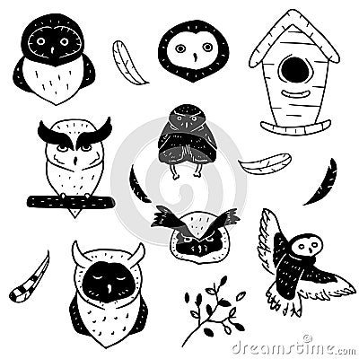 Collection of doodle black and white elements and owls on white background. Set of birds drawn in simple style. Nesting box owls Vector Illustration