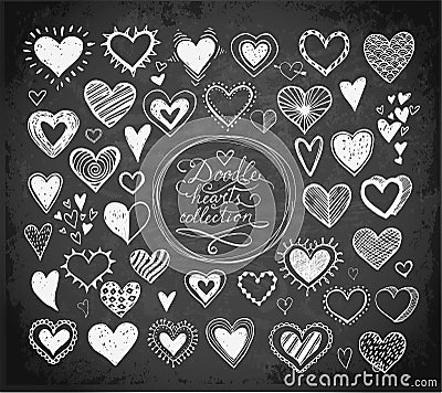 Collection of doodle sketch hearts hand drawn with ink on blackboard background. Vector Illustration