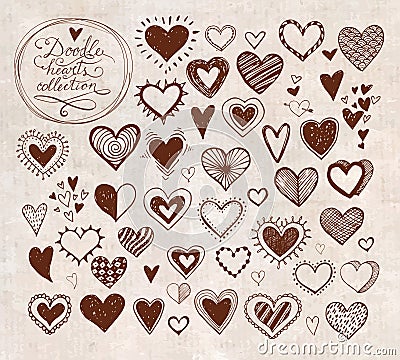 Collection of doodle sketch hearts hand drawn with ink isolated on vintage background. Vector Illustration