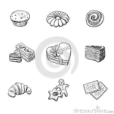 Confectionery products. Hand-drawn collection.Isolated sketches on white background Vector Illustration