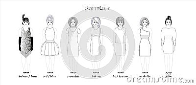 Collection of DRESSES. Black and white SKETCH. set OF WOMEN IN FULL GROWTH. VARIOUS OF HAIRSTYLES. Vector Illustration