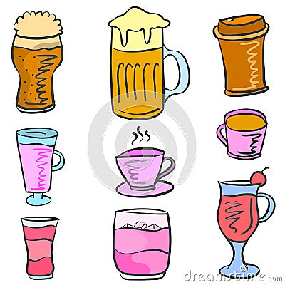 Collection drink set various doodles Vector Illustration