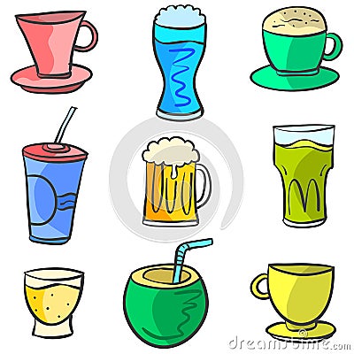 Collection drink various style doodle set Vector Illustration