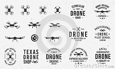 Collection of Drone logos, emblems, labels, badges. Set of 9 logo templates and 10 design elements for logo design. Drone business Vector Illustration