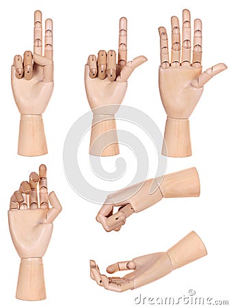 Collection of dummy wooden human hand gesture isolated Stock Photo