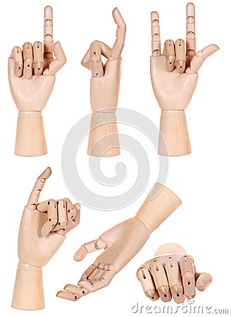 Collection of dummy wooden human hand gesture isolated Stock Photo