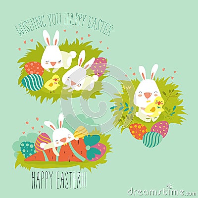 Collection of Easter bunny with colorful egg Vector Illustration