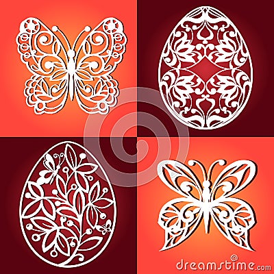 Collection of easter eggs for laser cutting. Decorative butterflies for laser cutting. Vector Illustration