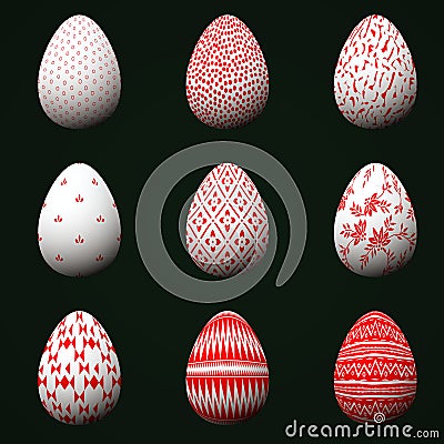 Collection of Easter eggs with red patterns on a dark green background. Vector Illustration