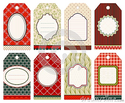 Set Of Eight Christmas Hangtags Pattern Beige Red Green Vector Illustration