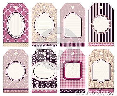 Set Of Eight Christmas Hangtags Pattern Pink Purple Beige Vector Illustration