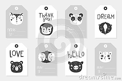 Collection Collection of eight cute childish ready-to-use gift tags with animalsof 8 baby shower posters, vector invites. Vector Illustration