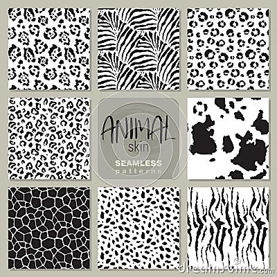 Collection of eight vector seamless patterns with animal skin zebra, leopard, jaguar, giraffe cow. Vector Illustration