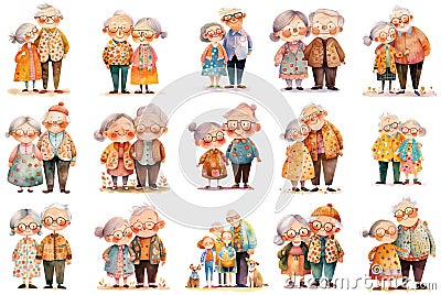 Collection of elderly couples. Cartoon grandparents clipart set, cute characters standing together, grandfather and grandmother, Cartoon Illustration