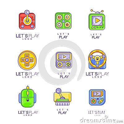 Collection of electronic gadgets joysticks for video games, gamepad, nintendo, computer mouse. Colorful let s play Vector Illustration