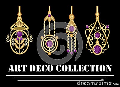 Collection of elegant gold earrings with purple amethyst gem in art deco. Symmetric classic design, jewel for festive occasions. Vector Illustration