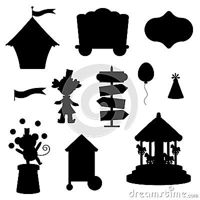 Collection of elements pink circus silhouette. Tent, monkey, doll, carousel, cap, ball, pointer Vector Illustration